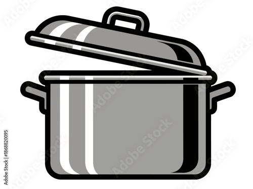 A stylized illustration of a metal cooking pot with lid, representing kitchenware. Clean, modern design suitable for cooking, food, or home goods themes.