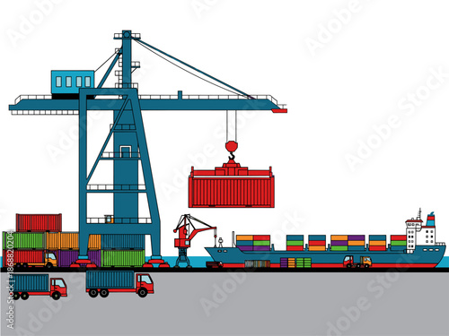 vibrant illustration depicts a container crane lifting shipping containers from a cargo ship  Clear lines and bold colors showcase logistics and global trade Perfect for business and transport themes
