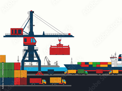 A vibrant illustration depicts a crane lifting shipping containers at a bustling port.  Clear composition, modern style, ideal for business and logistics visuals.