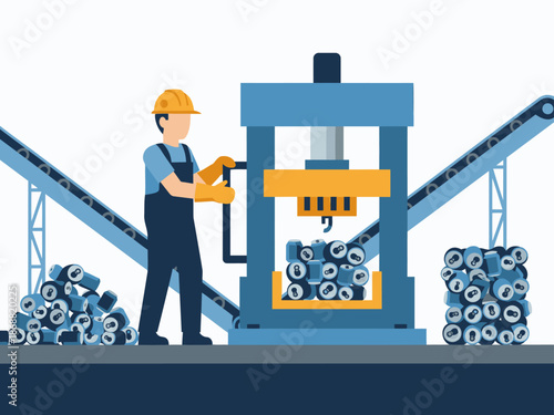 A worker operates a hydraulic press crushing aluminum cans. Industrial setting with conveyor belts and a focused worker.  Clear, bright, and professional.