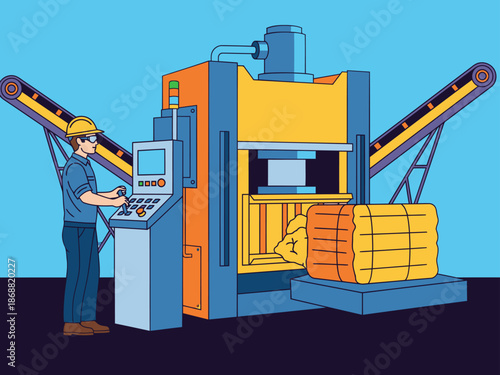 A worker operates a baling press, monitoring controls and overseeing the compression of a bale. Industrial setting, bright colors, and clear composition.
