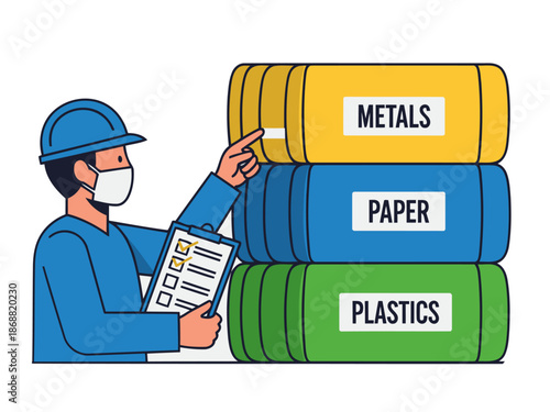 A worker inspects recycle bales ? metals, paper, and plastics ? with a clipboard. Clear composition, professional setting. Ideal for sustainability themes.