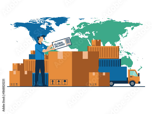 A worker loads shipping crates onto a truck against a world map, symbolizing global delivery. Modern, illustrative style. Perfect for logistics and e-commerce visuals.