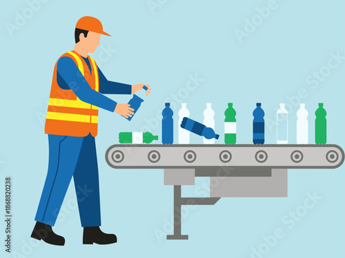A worker sorts recyclable plastic bottles on a conveyor belt.  Clear, bright illustration showcasing waste management. Professional, clean, and modern.