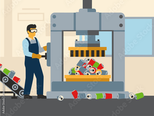 A worker operates a hydraulic press crushing aluminum cans on a conveyor belt. Industrial setting, focused action, clear composition.
