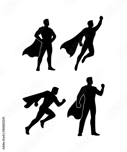 Superhero silhouettes in various action poses with cape