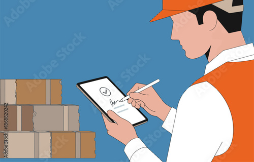 A worker signs a recycle manifest on a tablet, surrounded by stacked bricks. Modern illustration style, clean design, focused on sustainability.