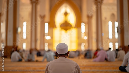 Man wearing white cap sitting in a mosque with people in the background  Islamic architecture and people praying