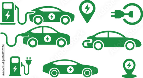 Set of green electric car with plug. Electric car charger place. Recharger battery station for automobile. Friendly alternative energy.