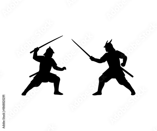 Samurai warriors dueling with katanas silhouette on white