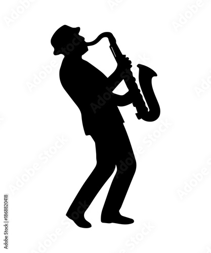 Musician playing saxophone silhouette on white background