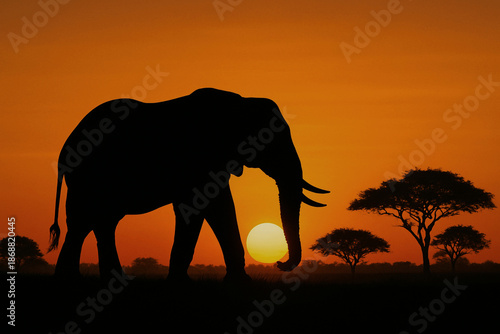 African Elephant Silhouette Walking Across Savanna at Sunset