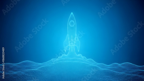 A glowing blue rocket ship made of tiny particles launching into a bright light