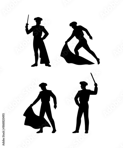 Bullfighter silhouettes performing bullfighting actions with capes