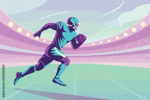 Dynamic American Football Player Running in Stadium, sports action concept