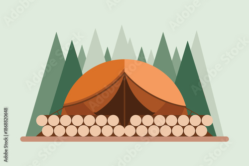 Cozy Camping Tent in a Minimalist Forest Landscape, outdoor adventure concept
