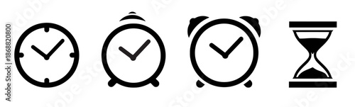 Set of different black clocks icons for time measurement alarm deadline hour minute and second control