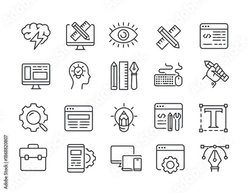 Set of Design Icons in Line Style Collection of Creative Idea Concept Inspiration Drawing Art Graphic Software Tool Project Management Flat Design for Web UI UX Mobile App