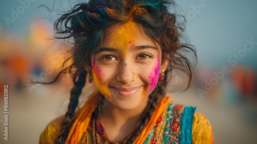 Happy ten year old girl in dress at Holi festival, colors of joy, bright celebration, youth activities, blurred background with colorful powder