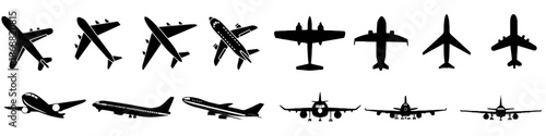 Set of different black airplane silhouette