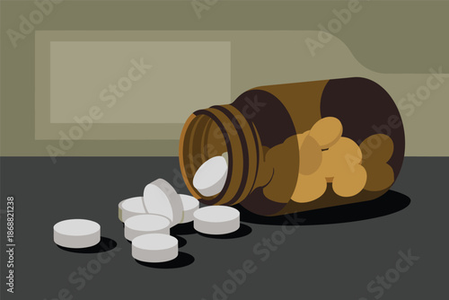 Pills Spilled from a Bottle on a Dark Surface, medical healthcare concept