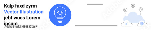 Technology innovation, data sharing, creativity, cloud storage, network connections, digital solutions. Blue lightbulb icon with cloud and network symbols. Creativity and data sharing concepts