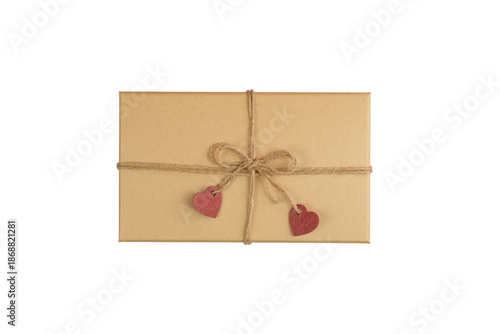Heartfelt Gift Wrapped With Natural Twine Materials, Handcrafted Envelope Featuring Two Red Hearts And Rustic Twine