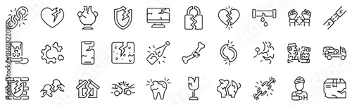 Set of Different Types of Damage, Breakage, and Destruction Line Icons
