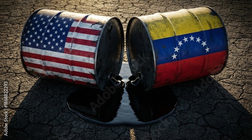 USA and Venezuela oil barrels with flags symbolizing trade conflict and the energy crisis.