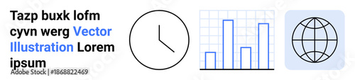 Time management, data visualization, global networking, business strategy, education, technology. Clock, bar graph globe icons on white background. Time management and data visualization concept