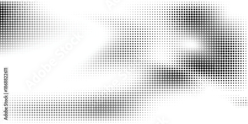 Grunge halftone gradient background. Faded grit noise texture. White and black sand wallpaper. Retro pixelated backdrop. Anime or manga style comic overlay. Vector graphic design textured template