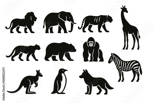 Set of diverse wild animal silhouette including lion elephant tiger giraffe zebra