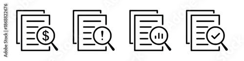 Set of document icons with magnifying glass featuring financial analysis, error warning, data statistics, and verified information search on white background