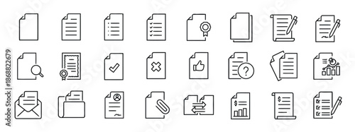 Set of Document Line Icons such as Page Paper File Contract Report Certificate Sheet Text Magnifier Search Approved Rejected Thumb Question Invoice