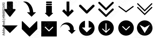 Set of down arrows representing downward direction with various shapes and styles for navigation interface or indication