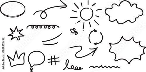 Set of doodle elements hand drawn style for concept design vector illustration on white background with sketch style line art