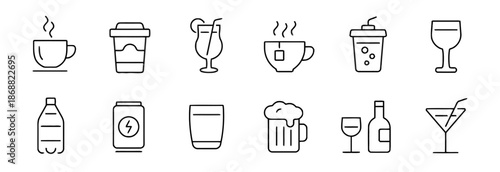 Set of Drinks Symbols for Mobile App and Web Design Simple Drinks Pictogram with Different Beverages Around Two Hundred Characters
