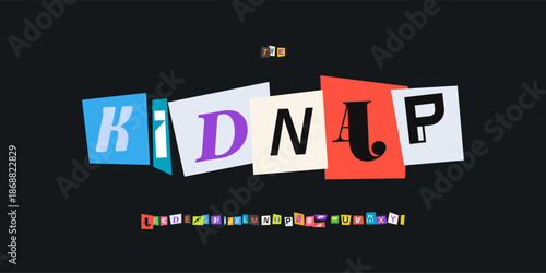 Kidnap Font Logo Alphabet Vector Collage Letter Set Modern Typography, Note Typographic Design for Title Text, Ransom Poster Headline, Type Symbol Logotype, Magazine Cutout Fonts. Vector Typeface