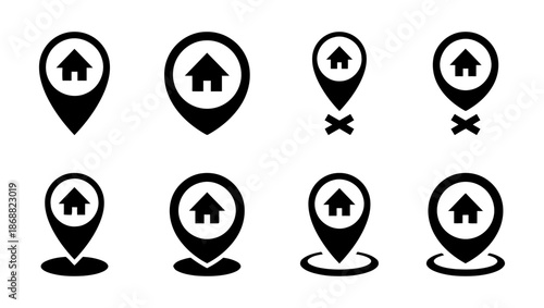 Set Of Eight Black House Location Pin Icons On White Background