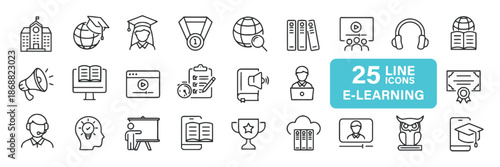 Set of E-learning Icons in Outline Style Online Education Courses Training Webinar School University Study Knowledge Learn Tutorial Class Program