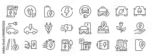 Set of Electric Vehicle Charging Icons Battery Charger Power Plug Energy Saving Station Symbol Isolated on White Background Eco Friendly Transportation Concept Vector Illustration