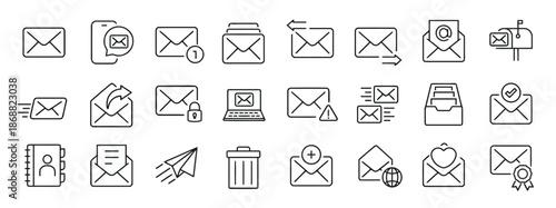 Set of Email Vector Icons in Modern Outline Style Isolated on White Background for Web Mobile Apps and UI Design Envelope Inbox Mail Send Receive Message Newsletter