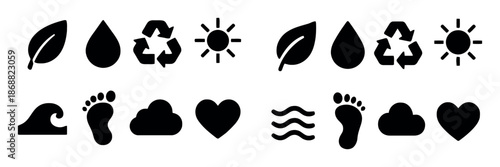 Set of environmental elements icons such as leaf water drop recycle sign sun waves footprint cloud and heart symbol for nature