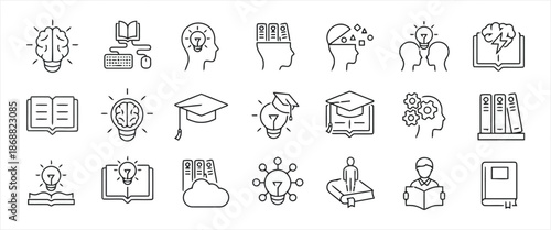 Set of Education and Knowledge Related Vector Icons in Outline Style Isolated on White Background Exactly 200 Characters Limit