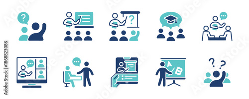 Set of Education Icons in Two Tone Style Learning Teaching Knowledge Presentation Studying Online Course Webinar Student Training Skill Development