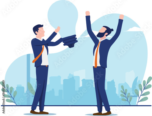 Business idea - Two businessmen with big light bulb cheering and feeling happy. Great ideas and innovative employees concept