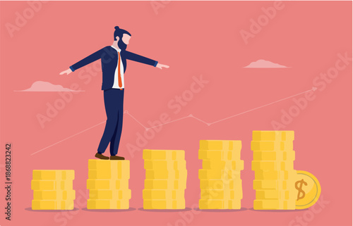  Managing money - Businessman trying to balance on stack of coins. Rising arrow graph in background. Business profits concept.