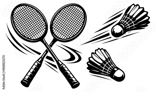 Monochrome clip art badminton set featuring crossed rackets and shuttlecocks for sports and game designs