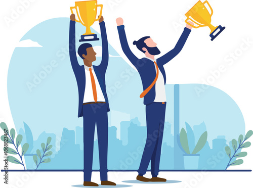 Two businessmen winning - Businessman and colleague holding trophy in hand, cheering and having success.