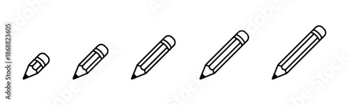 Set of five pencils of varying sizes for writing drawing or sketching isolated on white background